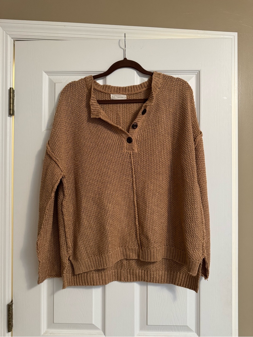 Button-Neck Scoop Sweater in Brown